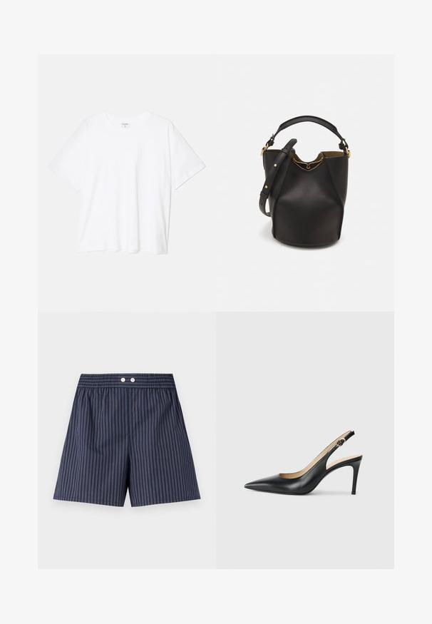 Fehér pamut póló rövid ujjal, kerek nyakkivágással, laza fazonnal és varrott szegéllyel. Címke látható a belső nyakrészén.; Sötétkék csíkos rövidnadrág, elasztikus derékkal, elöl két fehér gombbal, könnyű anyagból készült.; Fekete bőrből készült, hegyes orrú, állítható pánttal rendelkező magassarkú szandál, elegáns tűsarokkal, sima felülettel.; Fekete bőr vödör táska texturált felülettel, arany hardware részletekkel és nyitott tetejével. Rövid fogantyúval és állítható vállpánttal rendelkezik.