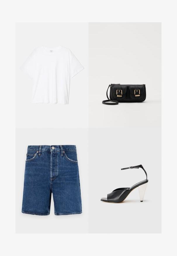 Tricou alb din bumbac, cu mâneci scurte, guler rotund, croi lejer și tiv cusut. Eticheta este vizibilă pe interiorul gulerului.; Shorts din denim de culoare albastră închisă, cu croială clasică, dotate cu cinci buzunare, închidere cu buton și detalii de cusătură portocalie contrastantă.; Sandal cu toc înalt din piele neagră, cu vârf deschis, design asimetric, curea pentru gleznă și toc metalic în formă de con. Textură netedă pe toată suprafața.; Geantă neagră din piele, tip crossbody, cu două buzunare frontale, catarame aurii, închidere cu fermoar și o curea subțire. Suprafață texturată și formă rectangulară compactă.