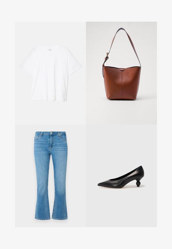White cotton t-shirt with short sleeves, round neckline, relaxed fit, and stitched hem. Label visible on the inside neck.; Light blue denim flared jeans with a high waist, front pockets, and a faded wash. Features a metal button closure and contrasting stitching.; Black leather high heel shoe with a pointed toe and a round, balled heel. Smooth texture with a sleek, minimal design.; Brown leather shoulder bag with a curved shape, smooth texture, and a single thin strap. Features a subtle seam and a small logo detail.