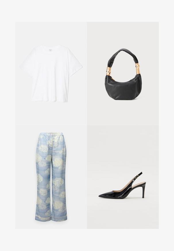 Bijela pamučna majica s kratkim rukavima, okruglim izrezom, opuštenim krojem i šivenim rubom. Etiketa je vidljiva na unutarnjoj strani vrata.; Hlače širokih nogavica u nebesko plavoj boji, izrađene od lagane tkanine, s uzorkom oblaka u mekanim bijelim i suptilnim pastelnim tonovima, s elastičnom elastikom u struku.; Crne lakirane slingback cipele s oštrim vrhom, uskim potpeticama i suptilnim izrezom. Sadrže zlatnu kopču na traku.; Crna kožna torba s okruglim oblikom, mekim teksturom i čvorastom ručkom s zlatnim metalnim detaljima. Zatvaranje na patentni zatvarač.