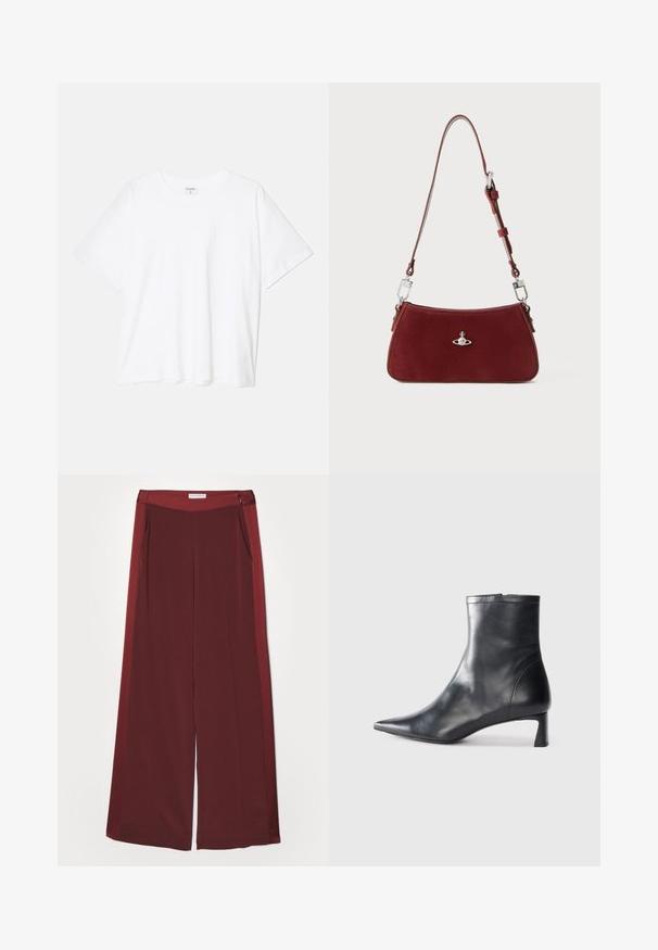 Valkoinen puuvillapaita lyhyillä hihoilla, pyöreällä pääntiellä, rentoa tyyliä ja ommeltu helma. Tunniste näkyvissä sisäkauluksessa.; Burgundy leveled-hameet, jotka ovat sileitä ja pehmeitä tekstuureiltaan. Niissä on tasainen vyötärö ja sivutaskut. Minimalistinen muotoilu ilman näkyvää varustusta.; Musta nahkainen nilkkabotti, jossa on teräväkärkinen muotoilu ja tyylikäs design. Varusteena matala korko ja takana vetoketjukiinnitys. Sileä pinta.; Punainen mokkakankainen olkalaukku, jolla on kaareva muoto. Varustettu hopeanvärisellä yksityiskohdalla ja säädettävällä hihnalla, jossa on metalliyksityiskohtia. Pinta on sileä.