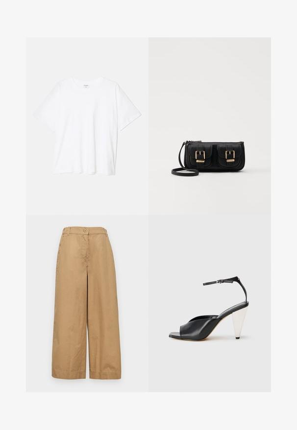 Hvid bomulds-t-shirt med korte ærmer, rund halsudskæring, afslappet pasform og stitched søm. Mærket er synligt indeni halsen.; Weekend Max Mara GIUDEA - Bukser - beige; Sort læder højhælede sandaler med åben tå, asymmetrisk design, ankelrem og en metallisk kegleformet hæl. Glat tekstur hele vejen igennem.; Sort læder crossbody taske med to frontlommer, guldspænder, lynlåslukning og en slank rem. Struktureret overflade og kompakt rektangulær form.