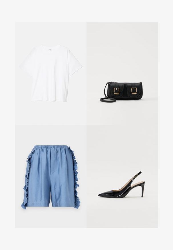 Vit bomull t-shirt med kort ärm, rund halsringning, avslappnad passform och söm i nederkant. Etikett synlig på insidan av halsen.; Ljusblå bomullsshorts med elastisk midja, med volangdetaljer längs sidsömmarna och en avslappnad passform.; Svart patenterat läder slingback pumps med spetsig tå, smal klack och en subtil utskärning. Har en guldbuckle på remmen.; Svart läderaxelväska med två framfickor, guldspännen, dragkedjestängning och en smal rem. Texturerad yta och kompakt rektangulär form.