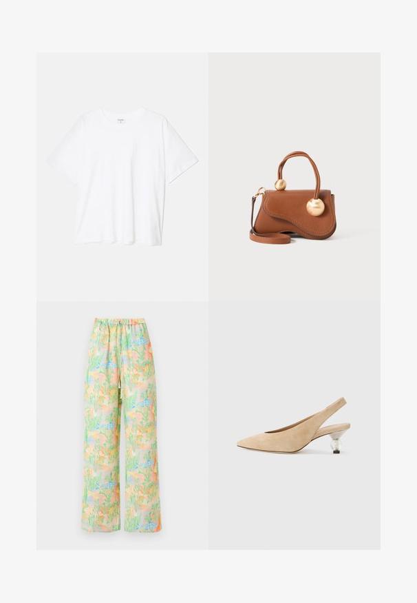 Valge puuvillane T-särk lühikeste varrukatega, ümmargune kaelus, mugav lõige ja õmmeldud serv. Silt nähtav kaela seest.; Heledad püksid helesinises kangas, millel on pastellvärvides kala- ja taimemuster. Elastne vöökoht koos kinnitusega.; Bež sametist slingback kingad terava varbaga ja läbipaistva ümmarguse kontsaga. Sile tekstuur ja minimalistlik disain.; Pruun nahast käekott lainekujulise disainiga, millel on kaks ümmargust kuldset aksessuaari ja eemaldatav õlavarre rihm mitmekesiste kandmisvõimaluste jaoks.