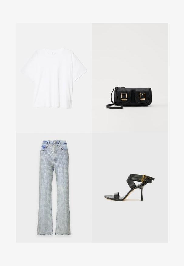 White cotton t-shirt with short sleeves, round neckline, relaxed fit, and stitched hem. Label visible on the inside neck.; Light blue denim flared jeans featuring a grid pattern of silver embellishments, with a high-waisted design and frayed hem.; Black heeled sandal with crossed straps and adjustable buckle. Features a smooth texture and tapered stiletto heel.; Black leather crossbody bag with two front pockets, gold buckles, zipper closure, and a slim strap. Textured surface and compact rectangular shape.