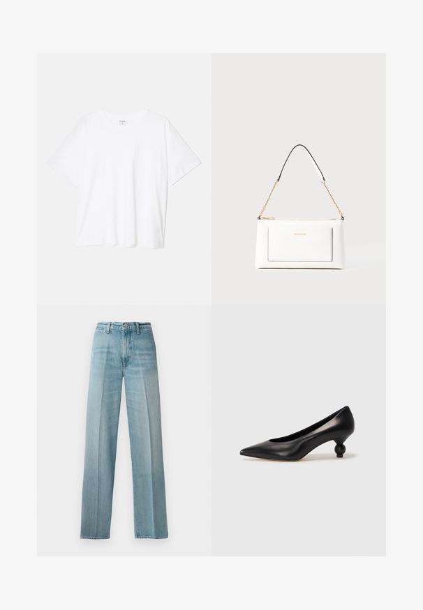 Tricou alb din bumbac, cu mâneci scurte, guler rotund, croi lejer și tiv cusut. Eticheta este vizibilă pe interiorul gulerului.; Blugi din denim de culoare albastru deschis, cu talie înaltă, croială dreaptă, ușoară decolorare, cu nituri din cupru și închidere clasică cu button în față.; Pantofii cu toc înalt din piele neagră, cu vârf ascuțit și toc rotund, mimos. Textură netedă, cu un design elegant și minimalist.; Geantă de mână din piele albă cu un finisaj texturat, având o curea din lanț aurie și accente negre. Include un buzunar frontal și închidere cu fermoar.