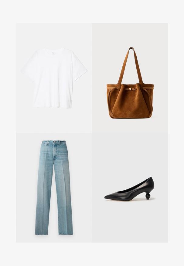 Balta kokvilnas T-krekls ar īsām piedurknēm, apaļu dekoltē, brīva piegriezuma un šūtu apakšmalu. Etiķete redzama iekšējā kakla daļā.; Gaiši zili džinsi ar augstu vidukli, taisnu kāju dizainu, smalku izbalēšanu, vara kniedēm un klasisku pogu aizdari priekšpusē.; Melnas ādas augstpapēžu kurpes ar smailu purngalu un apaļu papēdi. Gluda tekstūra ar elegantu, minimālistisku dizainu.; Brūns zamšs tote soma ar divām roktēm, pogu aizdari un brīvu, nedaudz izplūdušu formu.