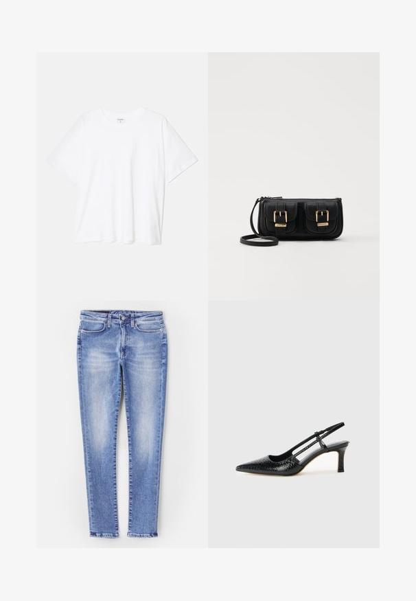 Balta medvilnės marškinėliai trumpomis rankovėmis, apvalia iškirpte, laisvo kirpimo ir su siūtu kraštu. Etiketė matoma vidinėje iškirptės pusėje.; Šviesiai mėlyni džinsai, turintys siaurą siluetą, standartinį penkių kišenių dizainą ir šiek tiek nublukusį apdailą, su tiesiu sijonu ties kulkšnimis.; Juodai lakuoti slingback aukštakulniai su smailiu nosiu, su tekstūruotu gyvatės raštu, reguliuojama juosta ir trumpu, tekstūruotu blokiniu kulnu.; Juodas odinis per petį nešiojamas krepšys su dviem priekiniais kišenėmis, auksiniais sagtimis, užtrauktuko uždarymu ir siauromis petnešomis. Textūruota paviršius ir kompaktiškas stačiakampis formatas.
