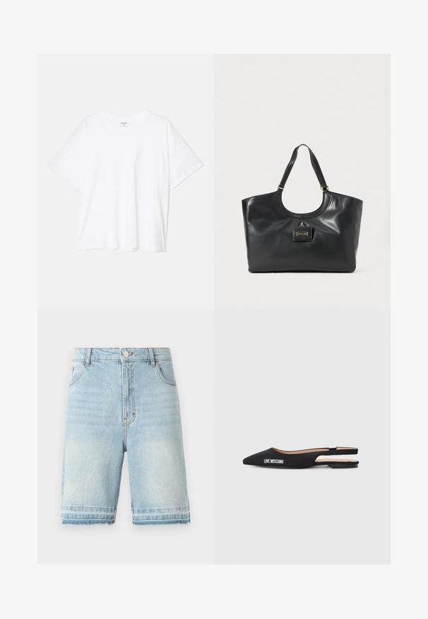 Camiseta de algodón blanca con mangas cortas, escote redondo, corte relajado y dobladillo cosido. Etiqueta visible en el interior del cuello.; Shorts de denim azul claro con dobladillo deshilachado, diseño de cinco bolsillos y cinturilla estándar con cierre de botón. Desgaste sutil por todo el tejido.; Bailarinas negras de tipo slingback con punta afilada, hechas de material suave. Presentan la marca blanca "LOVE MOSCHINO" y un diseño minimalista.; Bolso tote de cuero negro con acabado brillante, parte superior curva, dos asas para el hombro y un detalle en tono dorado en la parte frontal.