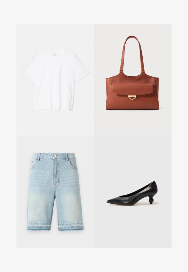 Balta kokvilnas T-krekls ar īsām piedurknēm, apaļu dekoltē, brīva piegriezuma un šūtu apakšmalu. Etiķete redzama iekšējā kakla daļā.; Gai zili džinsi šorti ar saplēstu malu, piecu kabatu dizains un standarta jostasvieta ar pogu aizdari. Viegla izbalējuma ietekme visā virsmā.; Melnas ādas augstpapēžu kurpes ar smailu purngalu un apaļu papēdi. Gluda tekstūra ar elegantu, minimālistisku dizainu.; Brūna ādas somiņa ar garām rokturiem, priekšējā kabata ar atloku un zelta sirds formas sprādze, uz kuras ir iegravēts "Love Moschino."