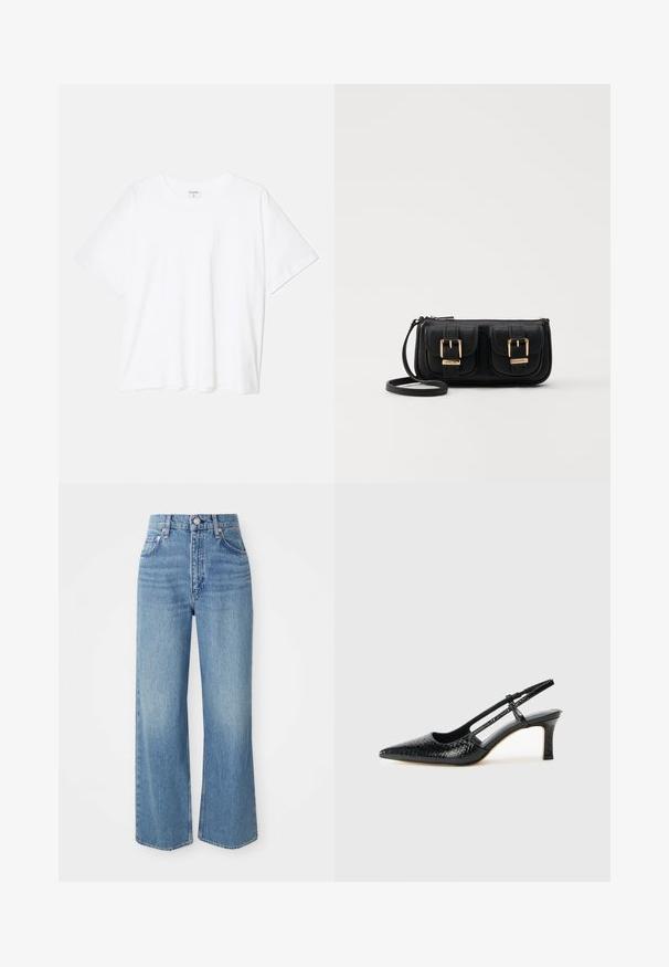 Valkoinen puuvillapaita lyhyillä hihoilla, pyöreällä pääntiellä, rentoa tyyliä ja ommeltu helma. Tunniste näkyvissä sisäkauluksessa.; Vaaleansiniset farkut, joissa on korkea vyötärö, leveät lahkeet ja raaka helma. Ominaisuuksia ovat perinteinen viiden taskun muotoilu ja hopeanvärinen napp closure.; Musta patent slingback-kiilakorko teräväkärkisellä muotoilulla, jossa on teksturoitu käärmeennahkakuosi, säädettävä remmi ja lyhyt, teksturoitu blokkiheel.; Musta nahkainen olkalaukku, jossa on kaksi etutaskua, kultaiset soljet, vetoketjukiinnitys ja kapea hihna. Teksturoidun pinnan ja kompaktin suorakaiteen muoto.