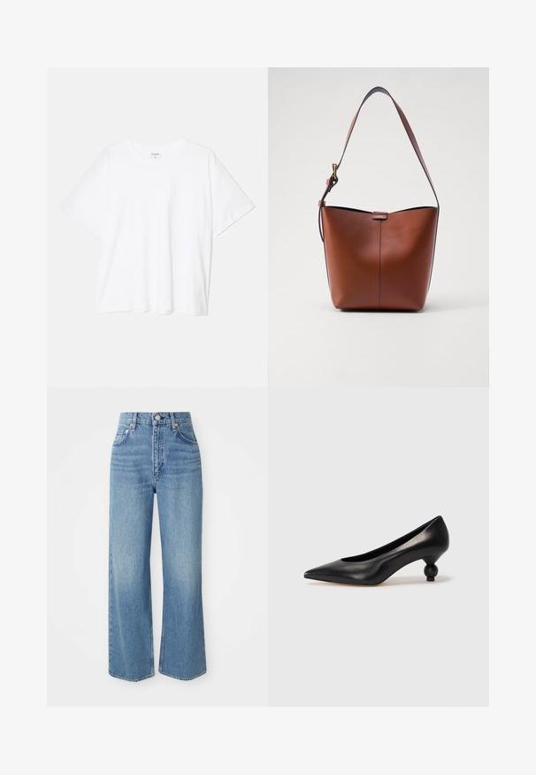 White cotton t-shirt with short sleeves, round neckline, relaxed fit, and stitched hem. Label visible on the inside neck.; Light blue denim jeans with a high waist, wide legs, and raw hem. Features traditional five-pocket design and silver-tone button closure.; Black leather high heel shoe with a pointed toe and a round, balled heel. Smooth texture with a sleek, minimal design.; Brown leather shoulder bag with a curved shape, smooth texture, and a single thin strap. Features a subtle seam and a small logo detail.