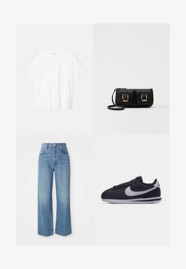 Bijela pamučna majica s kratkim rukavima, okruglim izrezom, opuštenim krojem i šivenim rubom. Etiketa je vidljiva na unutarnjoj strani vrata.; Svijetloplavi traperice s visokim strukom, širokim nogavicama i sirovim rubom. Ima tradicionalni dizajn s pet džepova i zatvaranje s gumbom u srebrnoj boji.; Crne atletske cipele sa sivim detaljima, glatki sintetički gornji deo, teksturirana potplat, zaobljenog vrha i ravne vezice. Klasičan dizajn sa detaljima logotipa.; Crna kožna torba preko ramena s dva prednja džepa, zlatnim kopčama, zatvaranjem na zip i uskim remenom. Teksturirana površina i kompaktan pravokutan oblik.