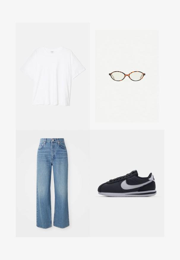 Tricou alb din bumbac, cu mâneci scurte, guler rotund, croi lejer și tiv cusut. Eticheta este vizibilă pe interiorul gulerului.; Jeans din denim de un albastru deschis, cu talie înaltă, picioare late și tiv brut. Prezintă un design tradițional cu cinci buzunare și închidere cu nasture de nuanță argintie.; Pantofii sport negri cu accente gri, superior sintetic neted, talpă texturată, vârf rotund și șnururi plate. Design clasic cu detalii ale logo-ului.; Ochelari cu ramă din tartan, cu lentile ovale și un finisaj elegant, neted. Prezintă margini subțiri cu o curbură subtilă la tâmple. Lentile clare.