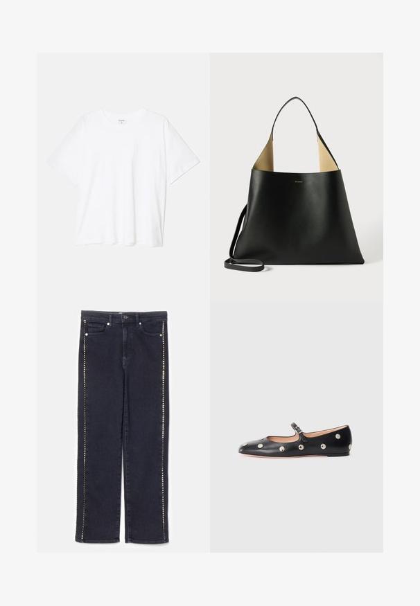 White cotton t-shirt with short sleeves, round neckline, relaxed fit, and stitched hem. Label visible on the inside neck.; Dark denim jeans featuring a straight-leg design with a row of metallic studs along the side seams, providing a distinctive accent.; Black leather Mary Jane flat shoe with a rounded toe, featuring silver circular studs and an adjustable strap with a buckle.; Black leather tote bag with a spacious, angular design. Features a contrast tan interior and thin shoulder strap. Minimalist branding displayed.