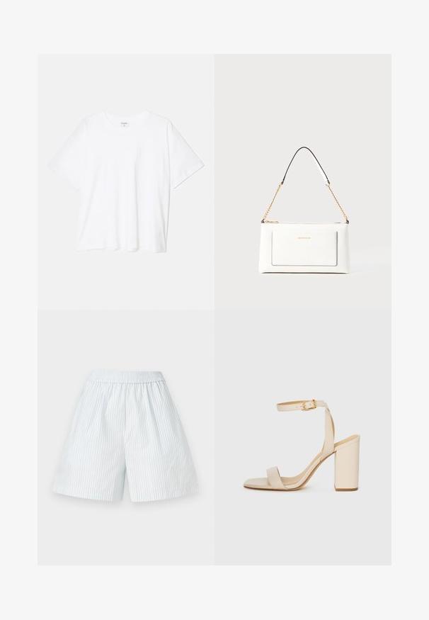 Bela bombažna majica s kratkimi rokavi, okroglim izrezom, sproščenim krojem in šivanim robom. Oznaka vidna na notranji strani izreza.; Svetlo modri kratki hlače s elastiko v pasu. Narejene so iz gladkega materiala, imajo navpične bele črte in širok kroj.; Bež visoke sandale s kvadratnim nosom, tankim trakicama okoli gležnja in blok peto. Gladka usnjena tekstura s podrobnostjo v zlati barvi.; Bela usnjena torbica z teksturirano površino, ki vključuje zlat pas in črne detajle. Ima sprednji žep in zadrgo.