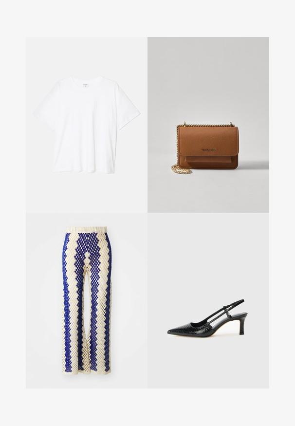 Fehér pamut póló rövid ujjal, kerek nyakkivágással, laza fazonnal és varrott szegéllyel. Címke látható a belső nyakrészén.; Krém és tengerészkék színű horgolt, széles lábú nadrág geometrikus mintával, rugalmas derékrésszel és nyitott szemcsés textúrával.; Fekete lakk slingback sarok, hegyes orral, texturált kígyómintával, állítható pánttal és rövid, texturált tömbsarkal.; Barna textúrájú bőr keresztbody táska arany lánc pánttal és fedélzárral. Az elején logó részlet és egy zseb található a fedél alatt.