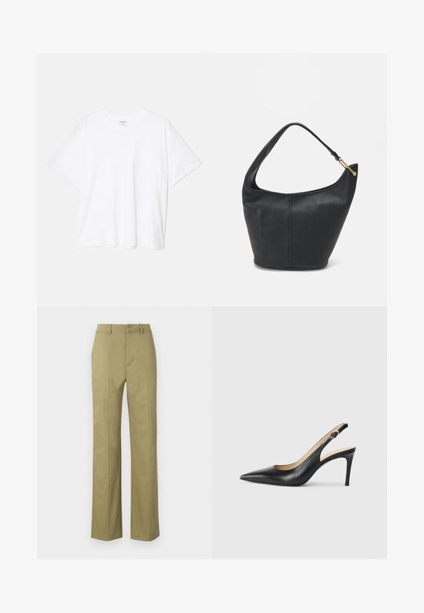 T-shirt en coton blanc avec des manches courtes, un col rond, une coupe décontractée et un ourlet cousu. Étiquette visible à l'intérieur du col.; Pantalons khaki en mélange de coton, avec une coupe droite, des coutures visibles et des poches sur les côtés avant.; Escarpins en cuir noir avec une pointe fine, une bride ajustable et un talon aiguille élégant, présentant une finition lisse.; Sac à main en cuir noir avec une forme arrondie, une large bandoulière et une finition texturée. Présente un détail de couture subtil et un accent en métal doré.