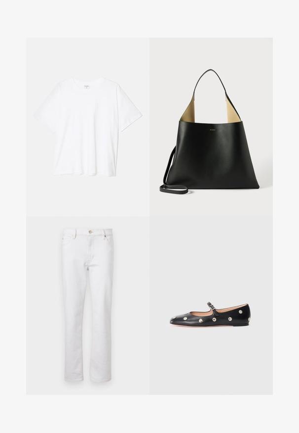 Witte katoenen t-shirt met korte mouwen, ronde halslijn, comfortabele pasvorm en gestikte zoom. Etiket zichtbaar aan de binnenzijde van de hals.; Witte spijkerbroek met een rechte pijp, vijf-pocketontwerp, lichte stiksels en zilveren knoopsluiting. Gladde textuur en minimale details.; Zwarte leren Mary Jane ballerina met een ronde neus, voorzien van zilveren ronde studs en een verstelbaar bandje met een gesp.; Zwarte leren handtas met een ruime, hoekige vormgeving. Voorzien van een contrasterende tan binnenkant en een dunne schouderband. Minimalistische branding weergegeven.
