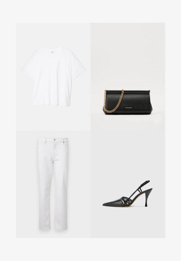 White cotton t-shirt with short sleeves, round neckline, relaxed fit, and stitched hem. Label visible on the inside neck.; White denim jeans with straight leg cut, five-pocket design, light stitching, and silver button closure. Smooth texture and minimal detailing.; Black leather high-heeled slingback shoe with pointed toe, crisscross strap design, and slim stiletto heel. Smooth texture and minimal accents.; Black leather clutch bag with a gold chain strap, featuring a smooth texture, rectangular shape, and embossed branding on the front.