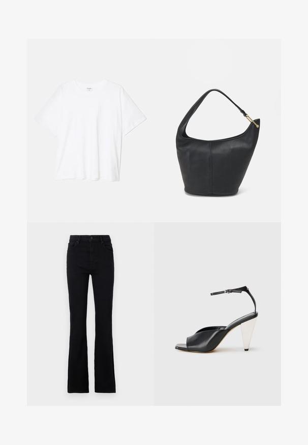 White cotton t-shirt with short sleeves, round neckline, relaxed fit, and stitched hem. Label visible on the inside neck.; Black flared jeans made of cotton blend fabric. Features a button closure, belt loops, and two front pockets for practical use.; Black leather high heel sandal with open toe, asymmetrical design, ankle strap, and a metallic cone-shaped heel. Smooth texture throughout.; Black leather handbag with a rounded shape, a wide strap, and a textured finish. Features a subtle seam detail and a gold-tone hardware accent.