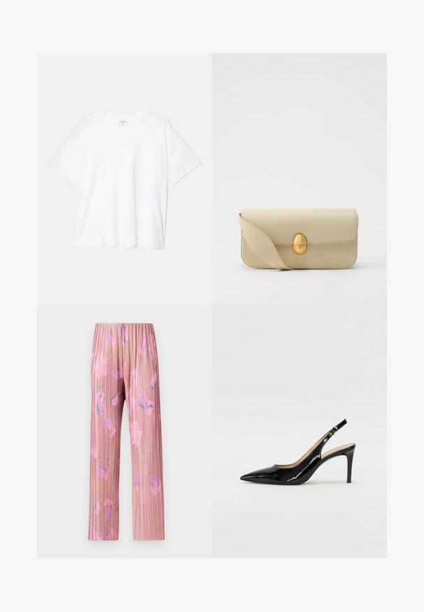 Witte katoenen t-shirt met korte mouwen, ronde halslijn, comfortabele pasvorm en gestikte zoom. Etiket zichtbaar aan de binnenzijde van de hals.; MAX&Co. TOSCA - Broek - pastel rose; Zwarte gepatineerde leren slingback pump met een puntige neus, slanke hak en een subtiel uitgesneden ontwerp. Bevat een gouden gesp op de band.; Beige leren handtas met een gladde textuur, rechthoekige vorm en een gouden ovale sluiting. Beschikt over een lange, verstelbare schouderband.
