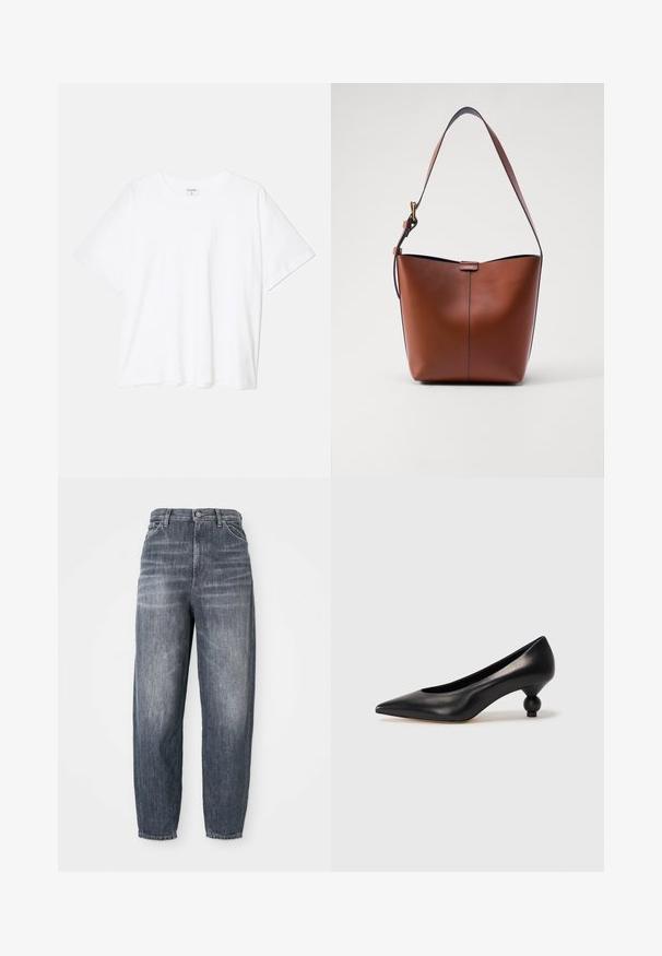 Fehér pamut póló rövid ujjal, kerek nyakkivágással, laza fazonnal és varrott szegéllyel. Címke látható a belső nyakrészén.; Sötétkék farmernadrág, amely denim anyagból készült, laza szabással, egyenes lábszárral és enyhe kopással. Hagyományos öt zsebes stílus, gombos záródással.; Fekete bőr magassarkú cipő, hegyes orral és kerek, gömbölyű sarokkal. Simább textúrával, elegáns, minimalista dizájnnal.; Barna bőr válltáska ívelt formával, sima felülettel és egy vékony pánttal. Diszkrét varrással és kis logóval rendelkezik.