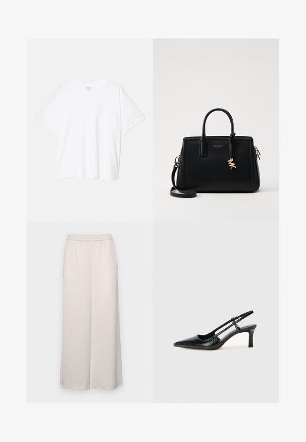 Biely bavlnený tričko s krátkymi rukávmi, okrúhlym výstrihom, voľným strihom a prešitým lemom. Štítok viditeľný na vnútornom krku.; Svetlé béžové nohavice s širokými nohavicami a elastickým pásom. Hladká tkanina, plná dĺžka, bez viditeľných ozdôb alebo vzorov.; Čierne patentové slingback topánky na ihlovom podpätku s špicatou špičkou, s textúrovaným hadím vzorom, nastaviteľným popruhom a krátkym, textúrovaným blokovým podpätkom.; Čierna kožená kabelka so štruktúrovaným dizajnom, dvojitými hornými uchami, odnímateľným ramenným popruhom, zlatými kovovými detailmi a akcentom logového prívesku.