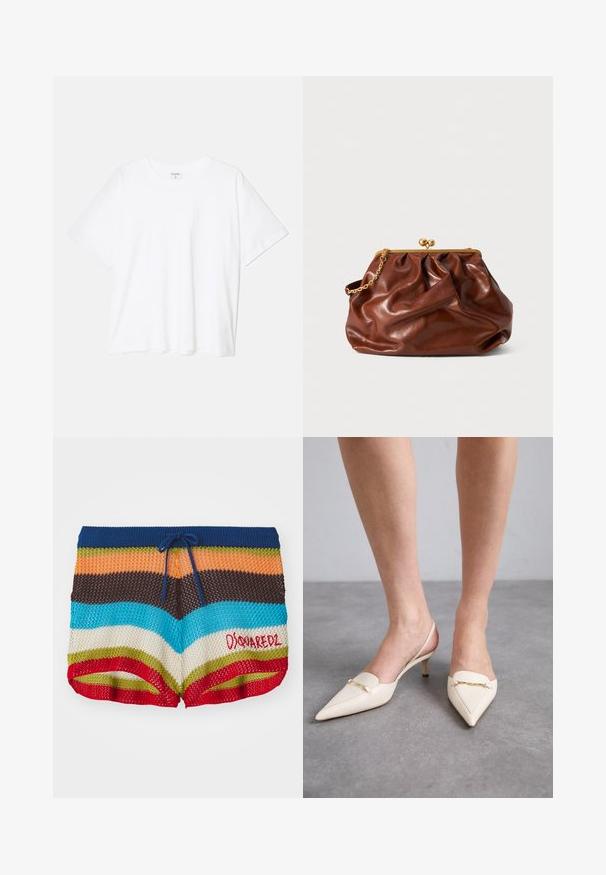 Valkoinen puuvillapaita lyhyillä hihoilla, pyöreällä pääntiellä, rentoa tyyliä ja ommeltu helma. Tunniste näkyvissä sisäkauluksessa.; Neulottu shortsit, joissa on vaalean sinisiä, oransseja, ruskeita, turkooseja, kermaisia, vihreitä ja punaisia vaakaraitoja. Mallissa on tummansininen naru ja punainen "Dsquared2"-logo.; Korkokenkät, joissa on kermansiniset, teräväkärkiset slingback-mallit, joissa on ohut keskilesti, kullanvärinen ketju korostaa vampia ja sileä nahkapinta.; Ruskea nahkalaukku, jossa on kultainen puristuskahva ja lyhyt kultaketju, esittelee pehmeän, kerättyä pintaa valkoista taustaa vasten.