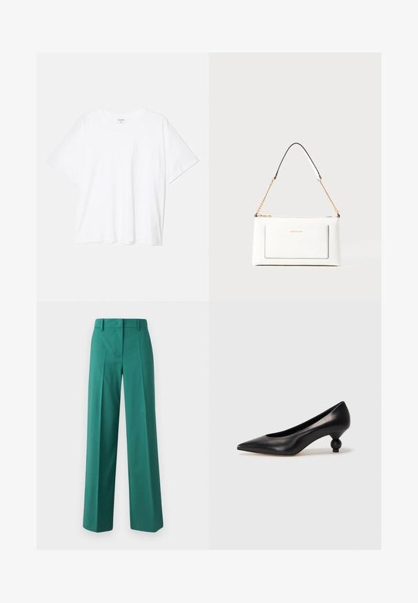 Tricou alb din bumbac, cu mâneci scurte, guler rotund, croi lejer și tiv cusut. Eticheta este vizibilă pe interiorul gulerului.; Pantaloni verzi cu picioare late, confecționați dintr-un material neted, cu o croială adaptată, având pliuri frontale și un design cu două buzunare.; Pantofii cu toc înalt din piele neagră, cu vârf ascuțit și toc rotund, mimos. Textură netedă, cu un design elegant și minimalist.; Geantă de mână din piele albă cu un finisaj texturat, având o curea din lanț aurie și accente negre. Include un buzunar frontal și închidere cu fermoar.