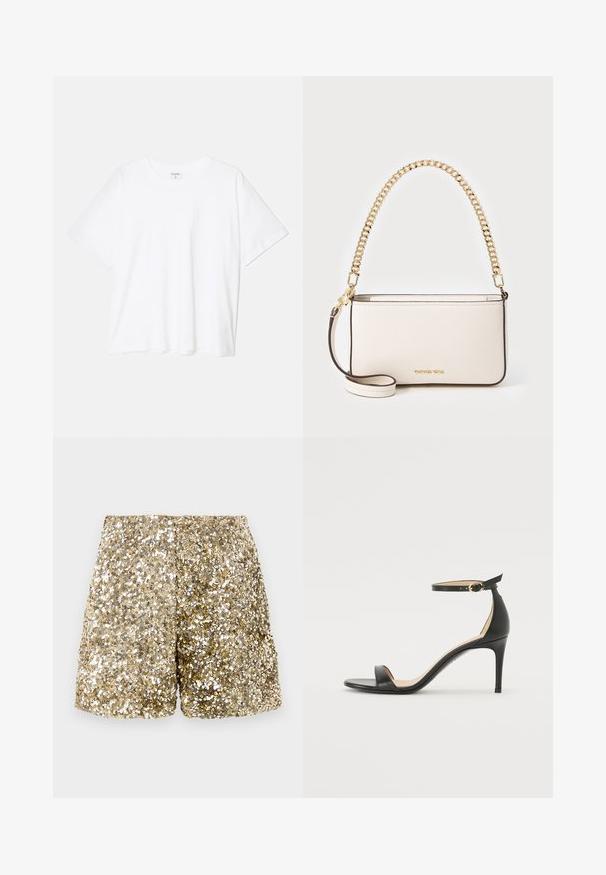 Vit bomull t-shirt med kort ärm, rund halsringning, avslappnad passform och söm i nederkant. Etikett synlig på insidan av halsen.; Guldpaljettershorts med en glänsande yta, som har en lös passform och ett elastiskt midjeband. Paljetterna skapar en funklande effekt.; Svart läder högklackad sandal med ankelrem. Har en mjuk yta, öppen tå och en tunn klack. Guldtonad spänne som detalj.; Vit läderhandväska med texturerad yta, utrustad med ett guldkedjestraps och ett avtagbart axelband. Logotyp präglad framtill.