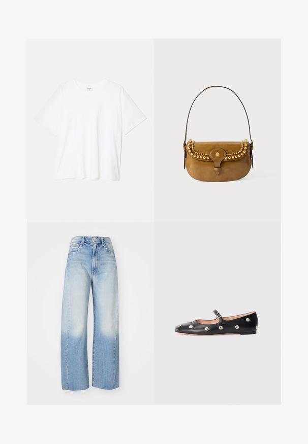 Balta kokvilnas T-krekls ar īsām piedurknēm, apaļu dekoltē, brīva piegriezuma un šūtu apakšmalu. Etiķete redzama iekšējā kakla daļā.; Gaiši zili džinsu platās kājas bikses ar gradienta izbalējumu no gaiši līdz tumšāk zilam, piecas kabatas un augstu jostasvietu.; Melna ādas Mary Jane līdzena zābaku ar noapaļotu purngalu, kurā ir sudraba apaļie kniedes un regulējama siksniņa ar sprādzi.; Brūnas ādas rokassomi ar izliekta formu, kuru rotā zelta kniedes gar augšējo malu, īsa siksna un sprādzītes aizdare.