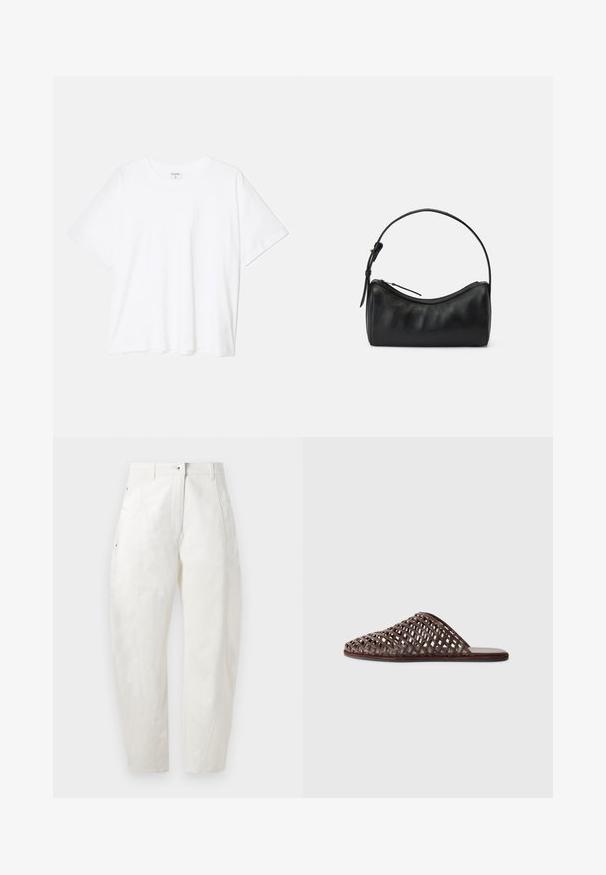 Valge puuvillane T-särk lühikeste varrukatega, ümmargune kaelus, mugav lõige ja õmmeldud serv. Silt nähtav kaela seest.; Valged puuvillased püksid mugava lõikega, millel on nööbi sulgemine, küljetaskud ja peened õmbluse detailid.; Pruun kudumine slaidisandaal ümmarguse varbaga, avatud disainiga, lame tallaga ja tekstureeritud pinnaga. Kerge materjal ja minimalistlik siluett.; Musta nahast õlakott kaarjate joontega, tõmblukuga ja peene rihmaga. Omab siledat tekstuuri ja peeneid õmbluse detaile.