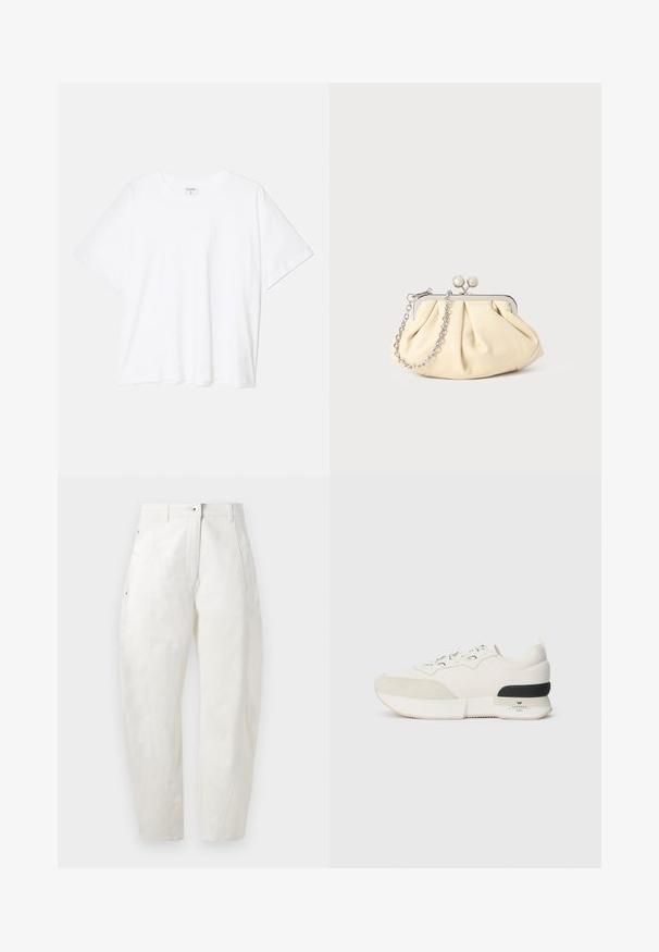 Hvit bomulls t-skjorte med korte ermer, rund hals, avslappet passform og sydd kant. Merke synlig på innsiden av halsen.; Hvite bomullsbukser med en avslappet passform, som har knappelukking, sidelommer og subtile stingdetaljer langs sømmene.; Hvite sneakers med en teksturert ser ut som en suede tåhette, glatt mesh-overdel, dekorative snørebånd og en svart gummihælaccent.; Foliebeige lærveske med plisseringer og en sølvmetalramme, med to runde dekorative låser og en sølvkjede.