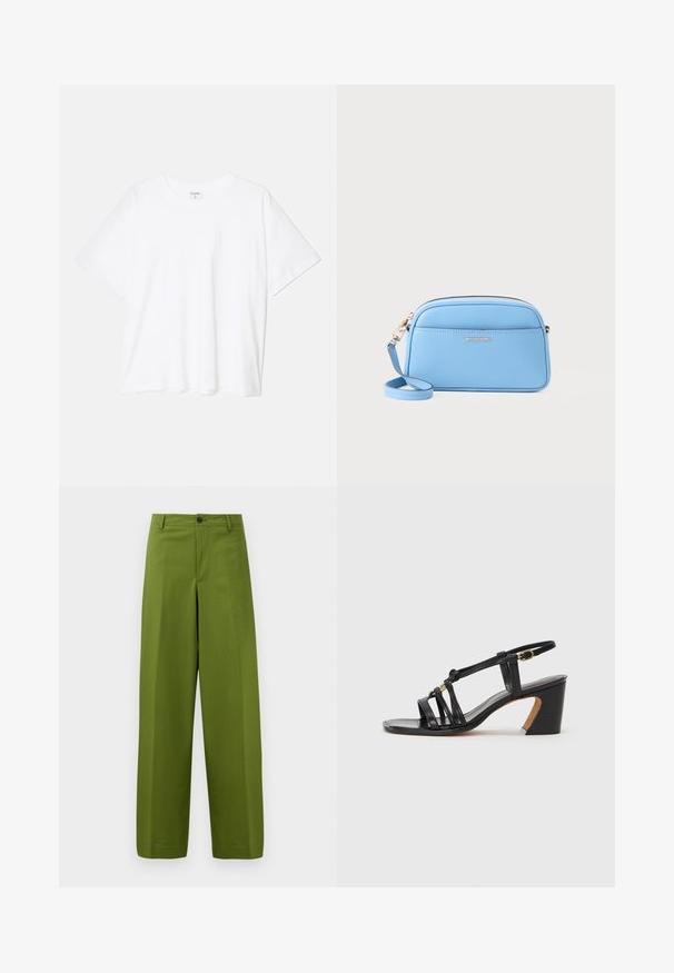Fehér pamut póló rövid ujjal, kerek nyakkivágással, laza fazonnal és varrott szegéllyel. Címke látható a belső nyakrészén.; Zöld, bő szárú nadrág sima anyagból. Egyetlen elülső gombos záródással és lapos elülső kialakítással rendelkezik.; Paul Smith AMIRA - Klasszikus sarkú cipők - black; Világoskék bőr keresztpántos táska aranyszínű fémszerelvényekkel, cipzáras záródással és elülső zsebbel. Állítható pánttal rendelkezik a kényelmes viselet érdekében.
