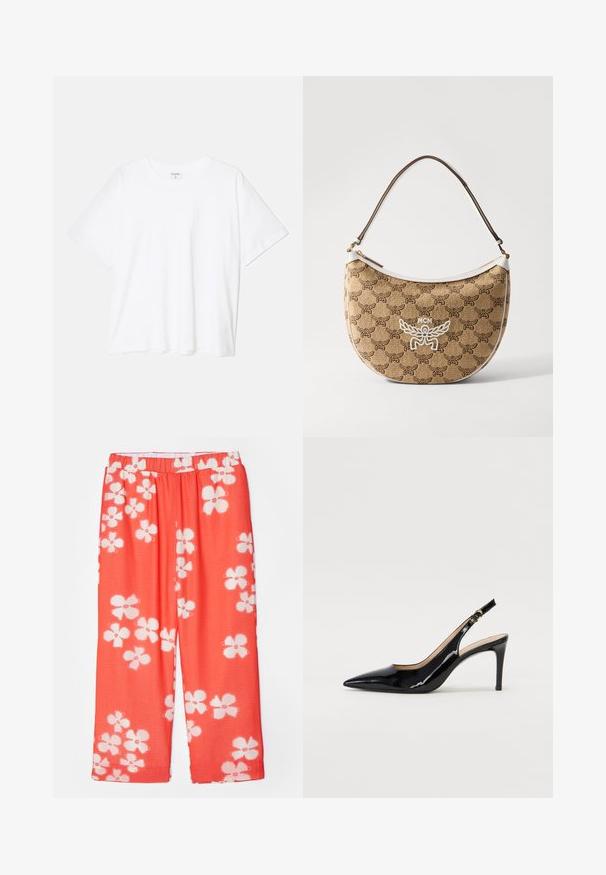 White cotton t-shirt with short sleeves, round neckline, relaxed fit, and stitched hem. Label visible on the inside neck.; Red floral patterned trousers with a lightweight, textured fabric. Features an elastic waistband and wide, straight-leg cut.; Black patent leather slingback pump with pointed toe, slim heel, and a subtle cutout design. Features a gold buckle on the strap.; Beige shoulder bag with a brown logo pattern, white accents, and a curved shape. Features a brown strap and a zip closure.