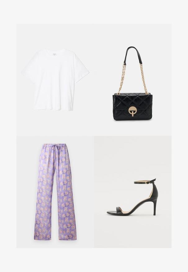 Valge puuvillane T-särk lühikeste varrukatega, ümmargune kaelus, mugav lõige ja õmmeldud serv. Silt nähtav kaela seest.; Heledad lilla lillelillelillepüksid elastse vöö ja nööriga. Omab pehmet kangast, laia sääre disaini ja roosa ja rohelise lillede mustrit.; Must musta kõrgete kontsadega sandaal, millel on pahkluule kinnituv rihm. Omab sileda tekstuuri, avatud varbaosa ning õhukest kontsa. Kuldtooniline pandla detail.; Mustmust kott mustast quiltnahast, millel on kuldne ahel, ja ringikujuline lukukinnitus. Kompaktne ristkülikukujuline kuju ja sile tekstuur.