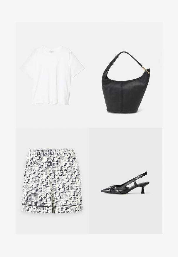 T-shirt bianco in cotone con maniche corte, scollo rotondo, vestibilità comoda e orlo cucito. Etichetta visibile all'interno del colletto.; Pantaloni corti bianchi con un motivo astratto nero, vita elasticizzata e bordo nero solido lungo l'orlo. Realizzati in un tessuto leggero.; Scarpa slingback nera in pelle con punta affusolata, cinturini decorativi con occhielli metallici e tacco basso a blocco. Superficie testurizzata.; Borsa a tracolla in pelle nera con forma arrotondata, una tracolla ampia e una finitura testurizzata. Presenta un dettaglio di cucitura discreto e un dettaglio in metallo dorato.