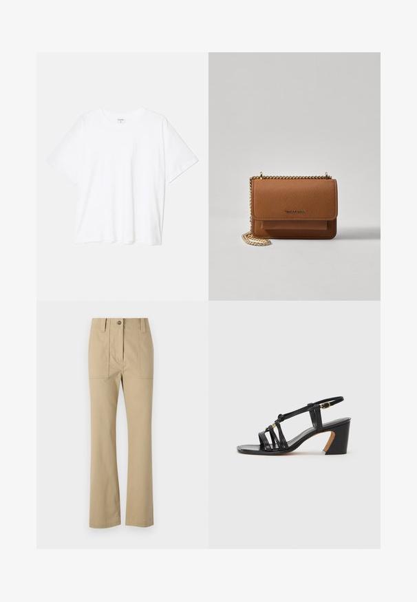 Valge puuvillane T-särk lühikeste varrukatega, ümmargune kaelus, mugav lõige ja õmmeldud serv. Silt nähtav kaela seest.; Weekend Max Mara OTTOBRE - Chino-püksid - beige; Paul Smith AMIRA - Klassikalised kontsakingad - black; Pruun tekstureeritud nahk ristkeha kott kuldse ahelaga rihmaga ja klapiga sulgemine. Esiküljel on logo detail ja tasku klapi all.