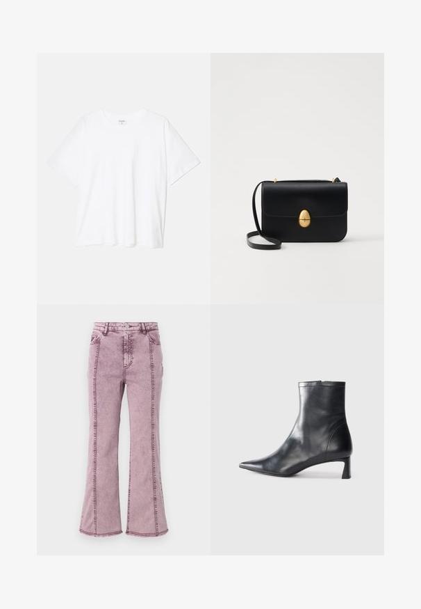 Camiseta de algodón blanca con mangas cortas, escote redondo, corte relajado y dobladillo cosido. Etiqueta visible en el interior del cuello.; Jeans acampanados de mezclilla morada con una cintura alta, que presentan costuras visibles a lo largo de los lados y un dobladillo deshecho en la parte inferior.; Botín de cuero negro hasta el tobillo con punta afilada y un diseño elegante. Presenta un tacón bajo y un cierre con cremallera en la parte trasera. Textura suave.; Bolso de mano de cuero negro con forma rectangular estructurada. Presenta un cierre ovalado dorado y una delgada correa para el hombro. Textura suave.