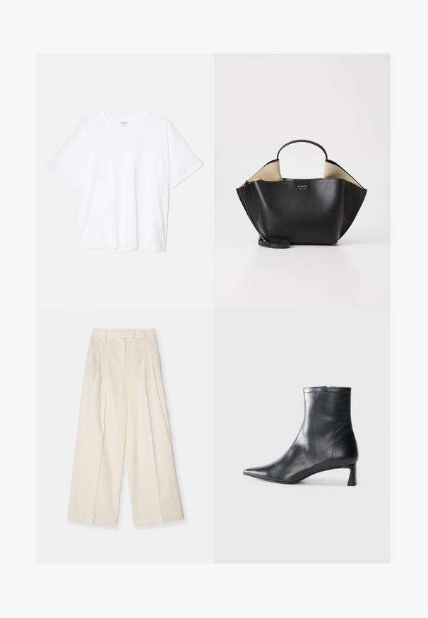 T-shirt en coton blanc avec des manches courtes, un col rond, une coupe décontractée et un ourlet cousu. Étiquette visible à l'intérieur du col.; Pantalons à jambe large en tissu texturé crème. Comprend une taille haute avec des plis, des passants de ceinture et un design épuré et minimal.; Bottine en cuir noir avec un bout pointu et un design épuré. Présente un petit talon et une fermeture éclair à l'arrière. Texture lisse.; Ree Projects ANN TOTE MINI - Sac à main - black