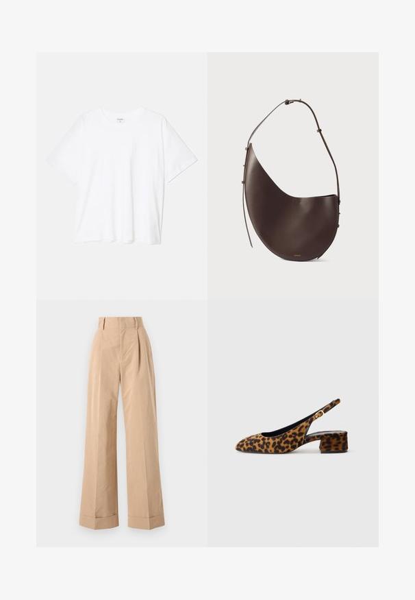 Valge puuvillane T-särk lühikeste varrukatega, ümmargune kaelus, mugav lõige ja õmmeldud serv. Silt nähtav kaela seest.; Beez värvi laiad püksid kõrge taljega, plekkide ja siledaga tekstuuriga. Varrukad on volditud, lisades struktureeritud detaili.; Naiste leopardimustriga slingback-kingad madala blokkninahaga ja kuldse klambriga külgjah. Kujutatud külgprofiilis lihtsal taustal.; Pruun nahast käekott kumerate joontega, ühe rihmaga ja minimalistliku disainiga. Omab diskreetset logo ja kuldseid detaile.