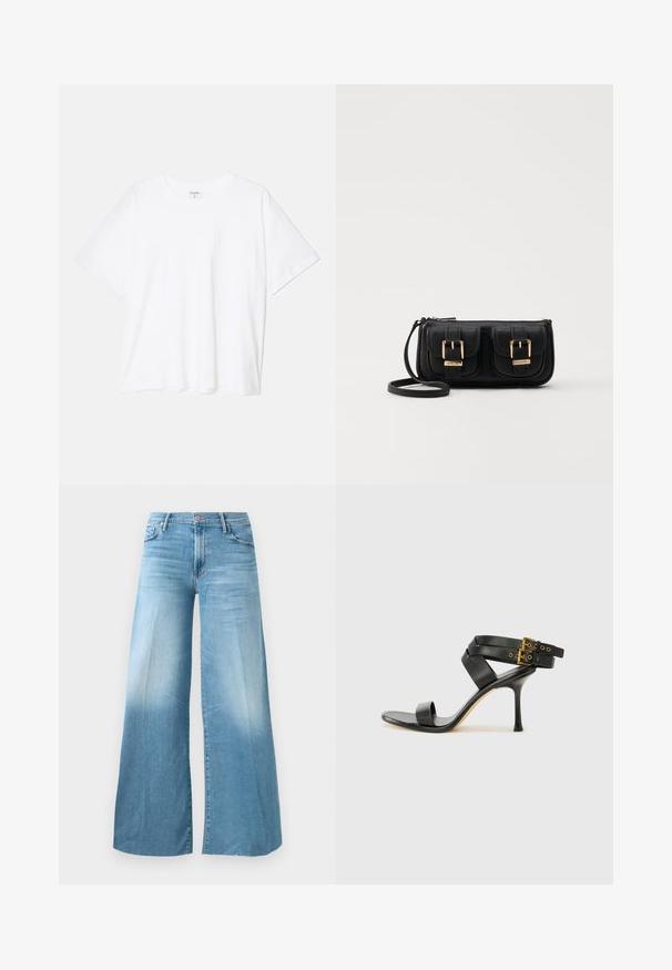 Bela bombažna majica s kratkimi rokavi, okroglim izrezom, sproščenim krojem in šivanim robom. Oznaka vidna na notranji strani izreza.; Svetlo modri široki jeans s visokim pasom, sprednjim gumbom in petimi žepi.; Črne sandale na peto z križnimi trakovi in prilagodljivo zaponko. Imajo gladko teksturo in zožen peto.; Črna usnjena torbica čez ramo z dvema sprednjima žepoma, zlatimi zaponkami, zadrgo in ozkim pasom. Tekstura površine je strukturirana, obliko pa ima kompaktno pravokotno.