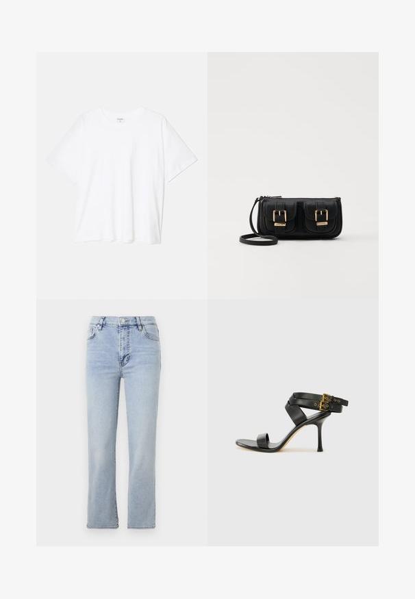 Hvit bomulls t-skjorte med korte ermer, rund hals, avslappet passform og sydd kant. Merke synlig på innsiden av halsen.; Lys blå denim jeans med rett ben-design, fem lommer, en knapp- og glidelås-lukking, og synlige sømdetaljer.; Svarte hælsandaler med kryssende stropper og justerbar spenne. Har en jevn tekstur og avsmalnende stilettoklakk.; Svart skinn crossbody veske med to frontlommer, gyldne spenner, glidelåslukking og en slank stropp. Teksturert overflate og kompakt rektangulær form.