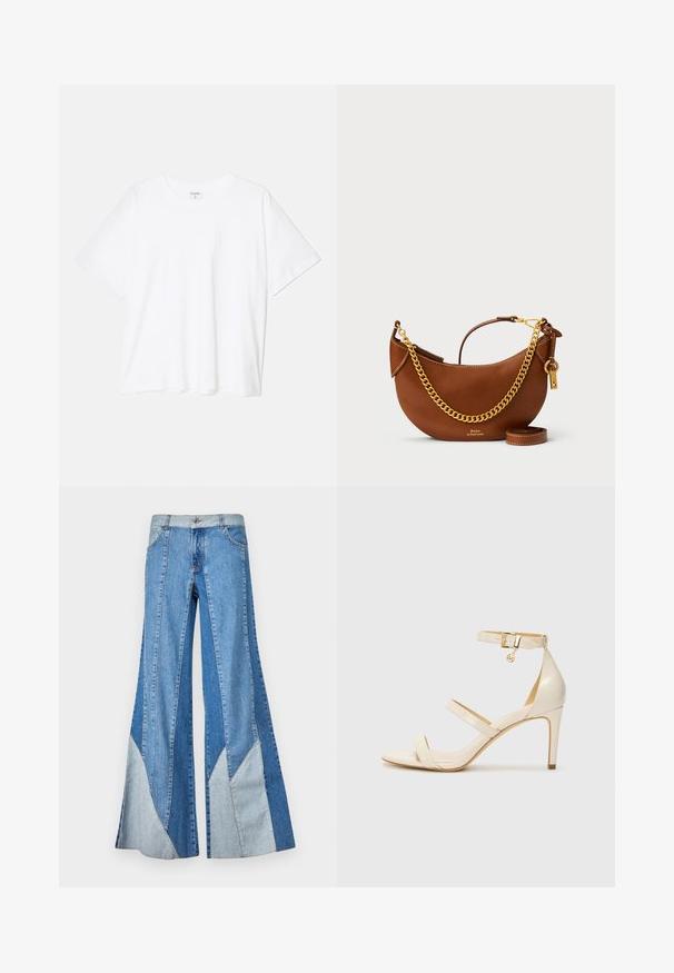 Balta medvilnės marškinėliai trumpomis rankovėmis, apvalia iškirpte, laisvo kirpimo ir su siūtu kraštu. Etiketė matoma vidinėje iškirptės pusėje.; Plati kojinės džinsai, pagaminti iš skirtingų mėlyno džinsinio audinio atspalvių, su įstrižais įvairiaspalviais siūlais, užbaigtais kraštais ir klasikiniais mygtukais.; Šviesiai rudos aukštakulnės sagaus su plona kulkšnies juostele ir dviem viršutinėm juostelėm. Blizgus lakinės odos apdailos ir auksinė detalių apdaila ant kulkšnies juostelės.; Ruda odinė rankinė su kreiviu dizainu, auksinės grandinėlės dirželiu, vidiniu kišeniu ir nuimamu peties dirželiu. Yra kontrastingų siūlių.