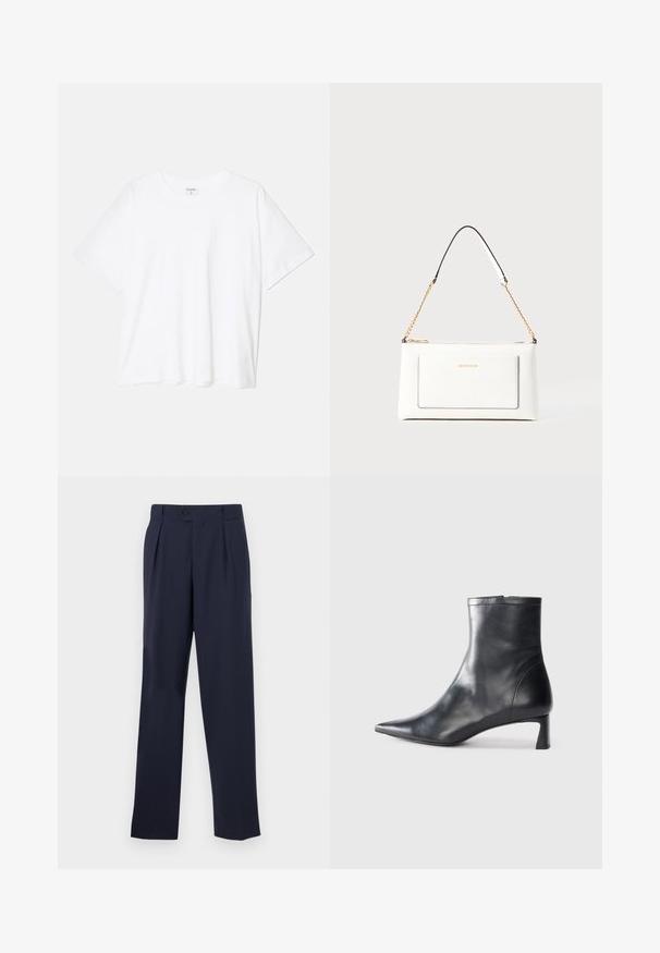White cotton t-shirt with short sleeves, round neckline, relaxed fit, and stitched hem. Label visible on the inside neck.; Navy blue tailored trousers with a straight leg, featuring a button closure, pleats at the front, and a smooth texture.; Black leather ankle boot with a pointed toe and a sleek design. Features a low heel and a zipper closure at the back. Smooth texture.; White leather handbag with a textured finish, featuring a gold chain strap and black accents. Includes a front pocket and zipper closure.