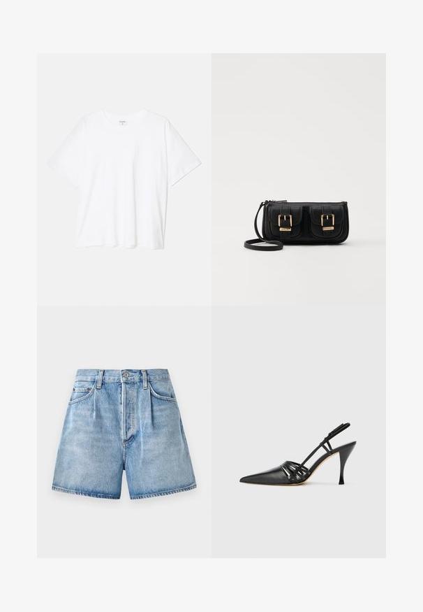 White cotton t-shirt with short sleeves, round neckline, relaxed fit, and stitched hem. Label visible on the inside neck.; Light blue denim shorts with a high waist, featuring a button and zipper closure, front pockets, and a raw hemline.; Black leather high-heeled slingback shoe with pointed toe, crisscross strap design, and slim stiletto heel. Smooth texture and minimal accents.; Black leather crossbody bag with two front pockets, gold buckles, zipper closure, and a slim strap. Textured surface and compact rectangular shape.
