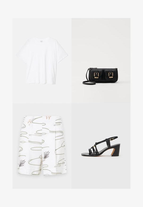 Fehér pamut póló rövid ujjal, kerek nyakkivágással, laza fazonnal és varrott szegéllyel. Címke látható a belső nyakrészén.; Fehér rövidnadrág, hullámos, absztrakt zöld és barna vonalmintával, plisszírozott részletekkel és sima textúrával.; Paul Smith AMIRA - Klasszikus sarkú cipők - black; Fekete bőr keresztbody táska két elülső zsebbel, arany csattokkal, cipzáras záródással és vékony pánttal. Textúrált felület és kompakt téglalap alak.