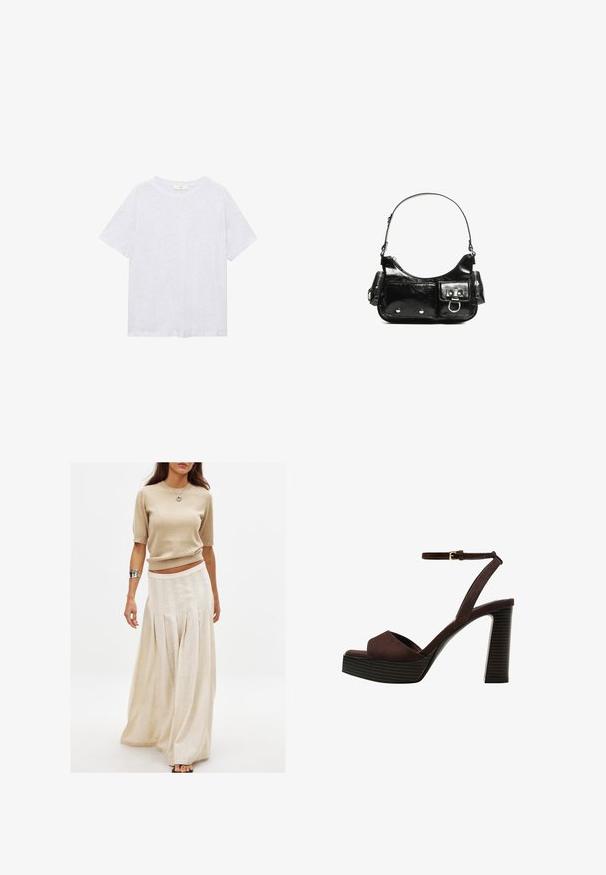 T-shirt gris à manches courtes fabriqué en tissu doux. Caractérisé par un col rond et une coupe décontractée, avec une texture chinée subtile.; Haut à manches courtes en tricot beige associé à une longue jupe crème fluide avec des plis verticaux et une texture lisse.; Sandale à talons hauts en suede marron avec un bout ouvert, une bride de cheville réglable et une semelle de plateforme rayée.; Sac à main en cuir verni noir avec une forme incurvée, une bandoulière, des poches avant et des accents en métal argenté.