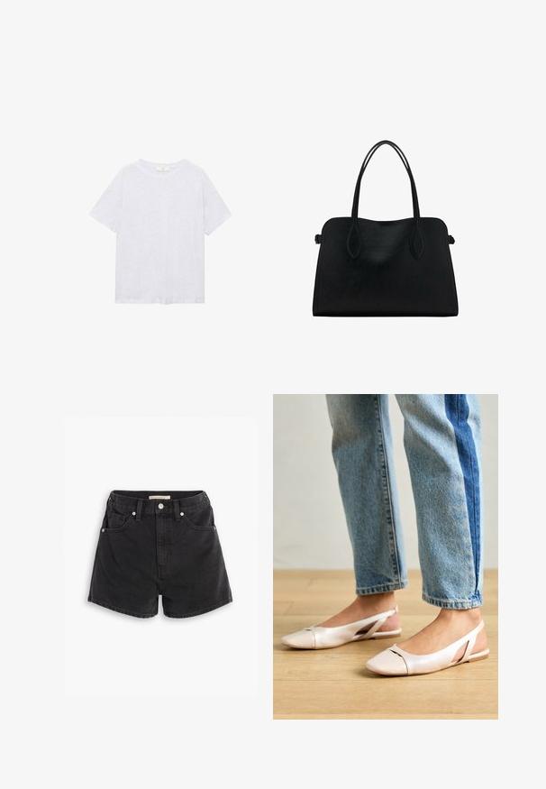 Siva kratka majica s kratkimi rokavi, izdelana iz mehke tkanine. Ima okroglo izrez in udobno prileganje, z diskretno melirano teksturo.; Črne denim kratke hlače z visokim pasom, ki vsebujejo dva sprednja žepa, dva zadnja žepa in srebrne kovinske dele. Gladka, rahlo zbledela tekstura.; Svijetloružičaste slingback balerinke s šiljastim nožnim prstima, napravljene od glatkog materijala nalik koži. Imaju izrezane detalje sa strane i ravne pete.; Črna usnjena torbica z dvema naramnima trakoma, pravokotne oblike in minimalističnim dizajnom na beli podlagi.